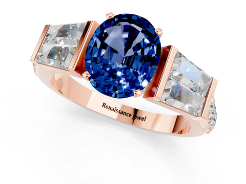 Rose gold Oval Cut Blue Sapphire Engagement Ring with Baguette Side Stones and Channel Set Band_1