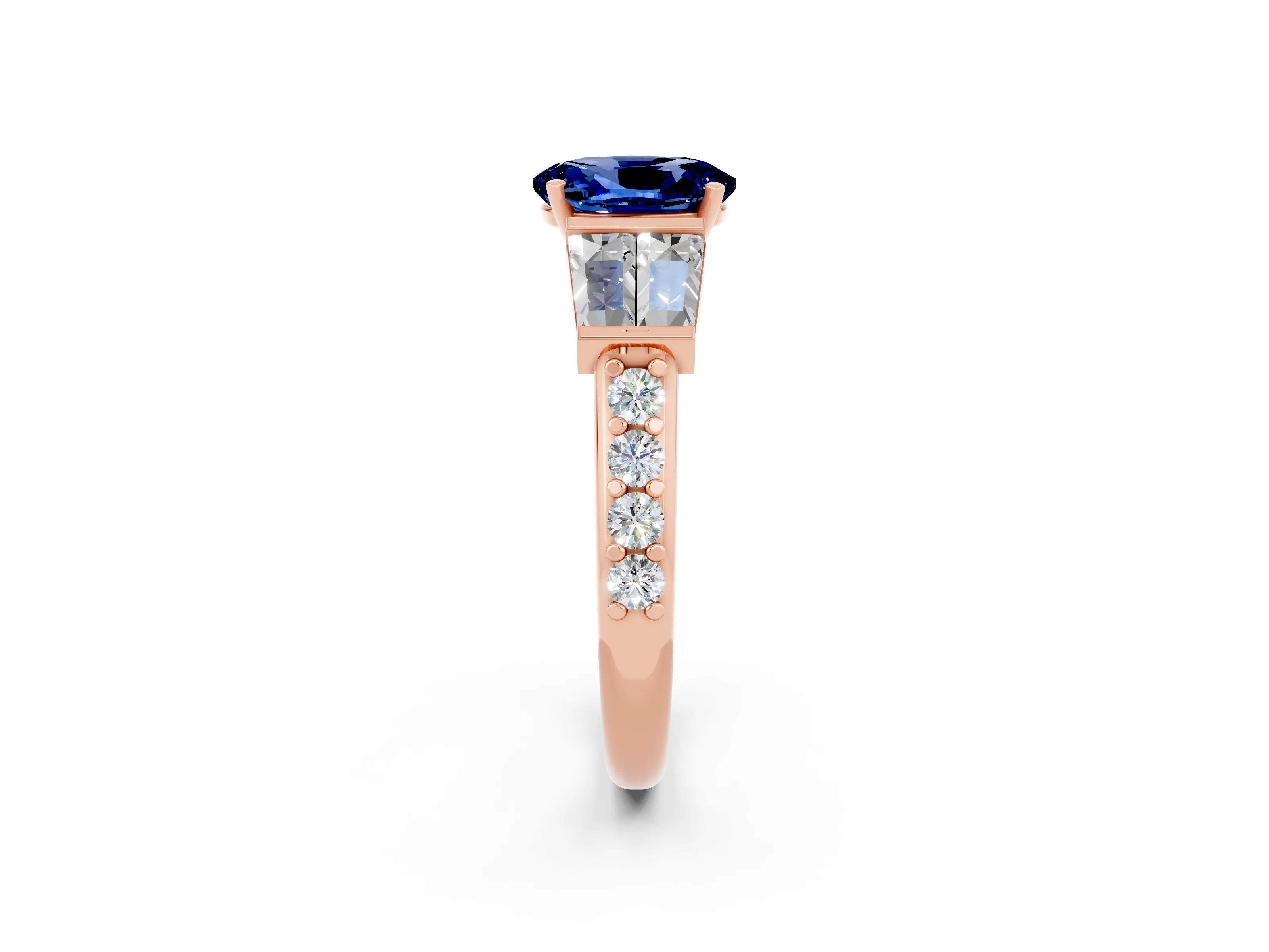 Rose gold Oval Cut Blue Sapphire Engagement Ring with Baguette Side Stones and Channel Set Band_2