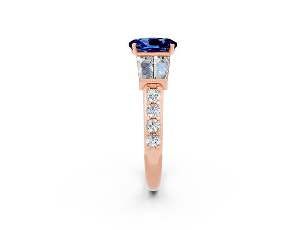 Rose gold Oval Cut Blue Sapphire Engagement Ring with Baguette Side Stones and Channel Set Band