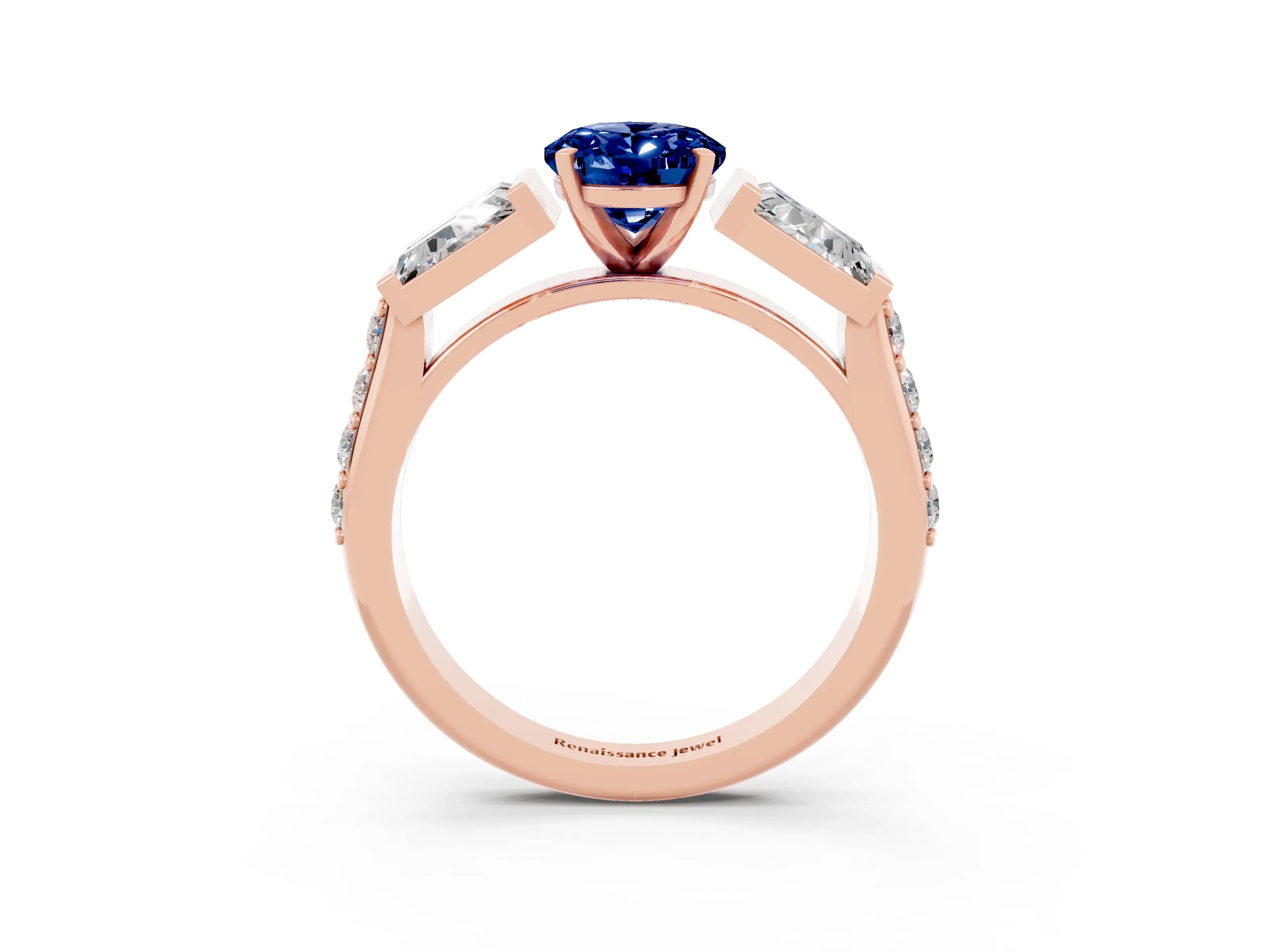 Rose gold Oval Cut Blue Sapphire Engagement Ring with Baguette Side Stones and Channel Set Band_3