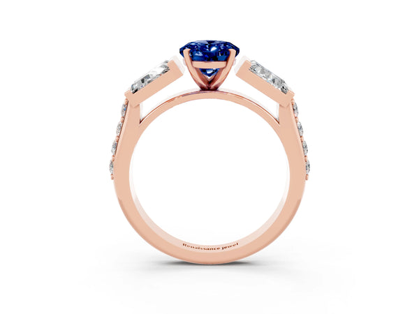Rose gold Oval Cut Blue Sapphire Engagement Ring with Baguette Side Stones and Channel Set Band