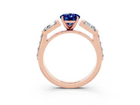 Rose gold Oval Cut Blue Sapphire Engagement Ring with Baguette Side Stones and Channel Set Band_3