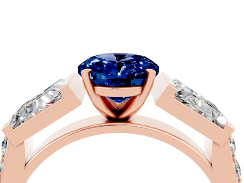 Rose gold Oval Cut Blue Sapphire Engagement Ring with Baguette Side Stones and Channel Set Band_4