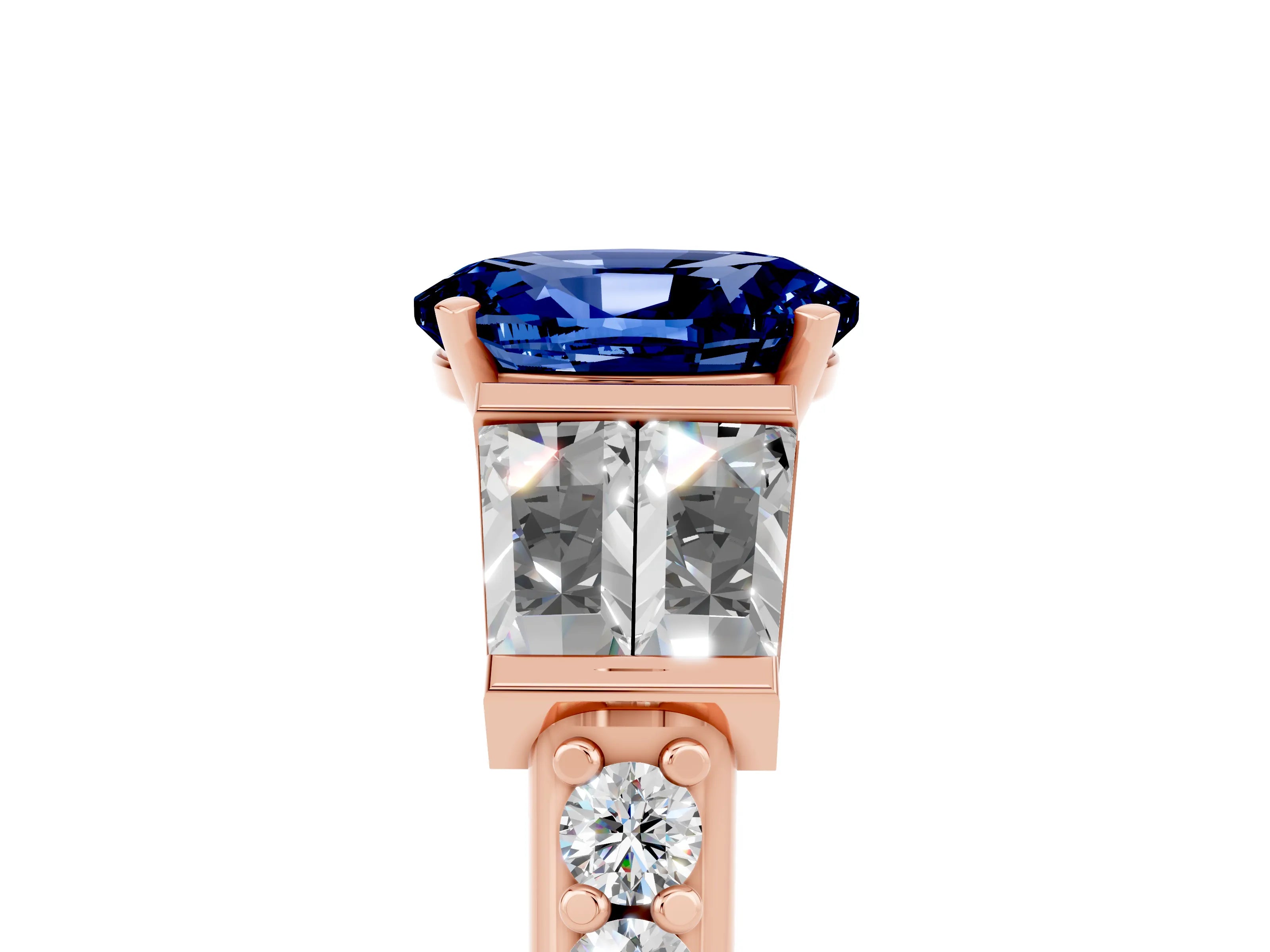 Rose gold Oval Cut Blue Sapphire Engagement Ring with Baguette Side Stones and Channel Set Band_5