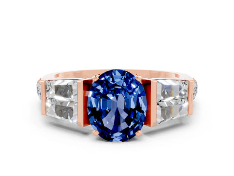Rose gold Oval Cut Blue Sapphire Engagement Ring with Baguette Side Stones and Channel Set Band
