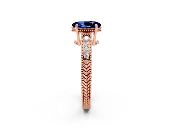 Rose gold Oval Cut Blue Sapphire Engagement Ring with Milgrain Channel Set Band and Prong Setting