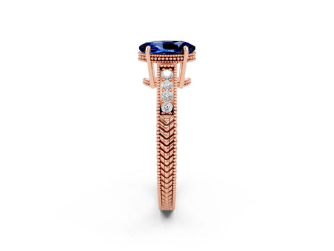 Rose gold Oval Cut Blue Sapphire Engagement Ring with Milgrain Channel Set Band and Prong Setting_2