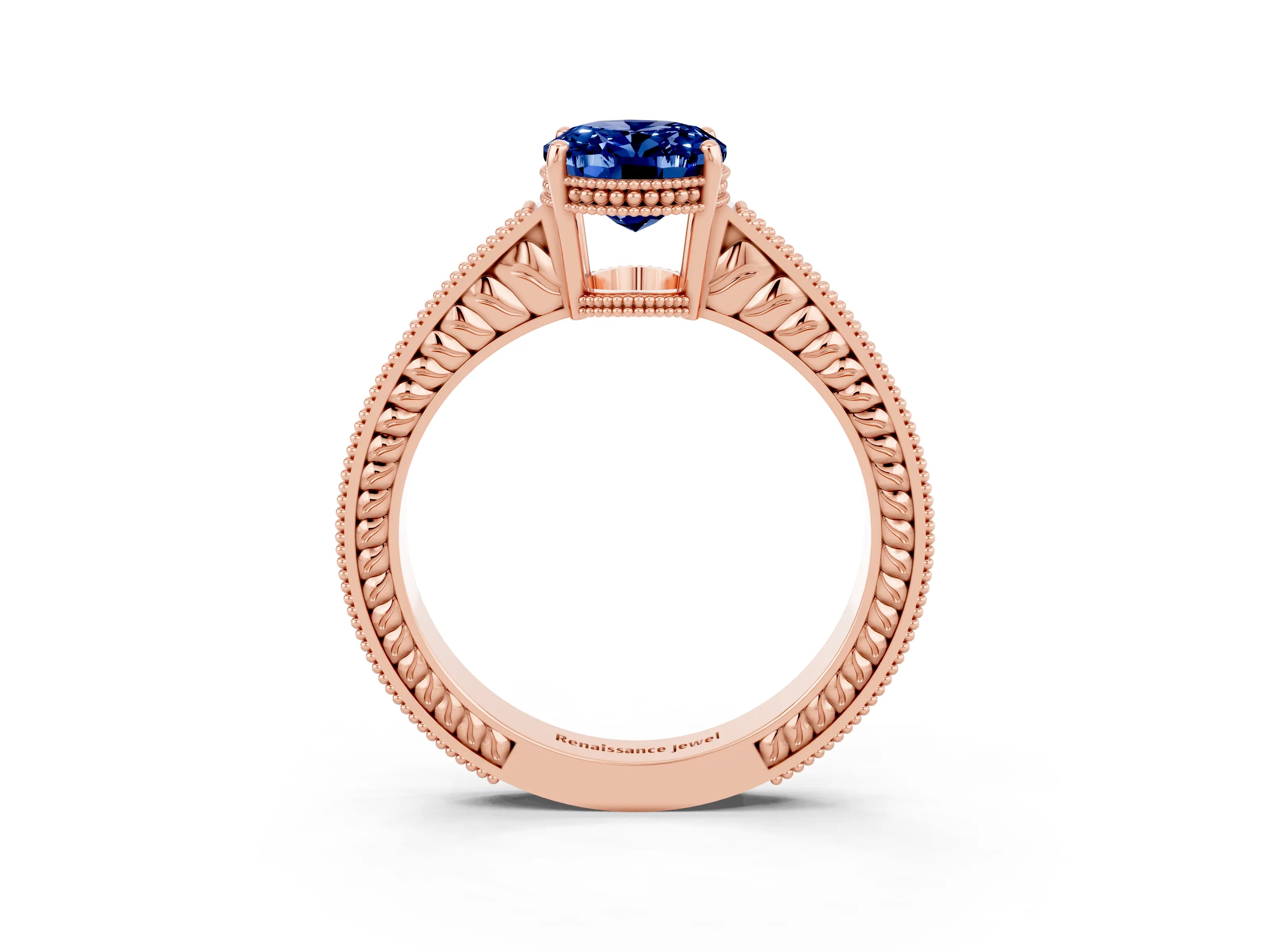 Rose gold Oval Cut Blue Sapphire Engagement Ring with Milgrain Channel Set Band and Prong Setting_3