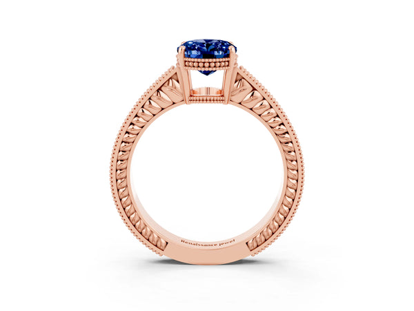 Rose gold Oval Cut Blue Sapphire Engagement Ring with Milgrain Channel Set Band and Prong Setting