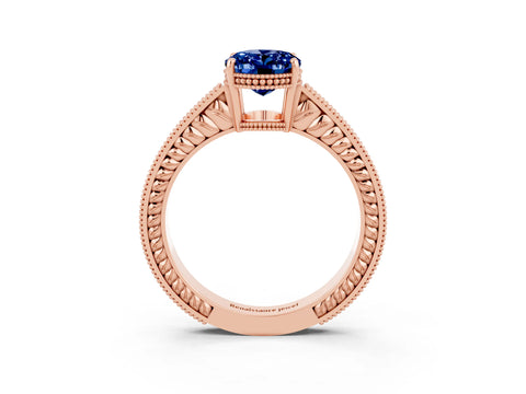 Rose gold Oval Cut Blue Sapphire Engagement Ring with Milgrain Channel Set Band and Prong Setting_3