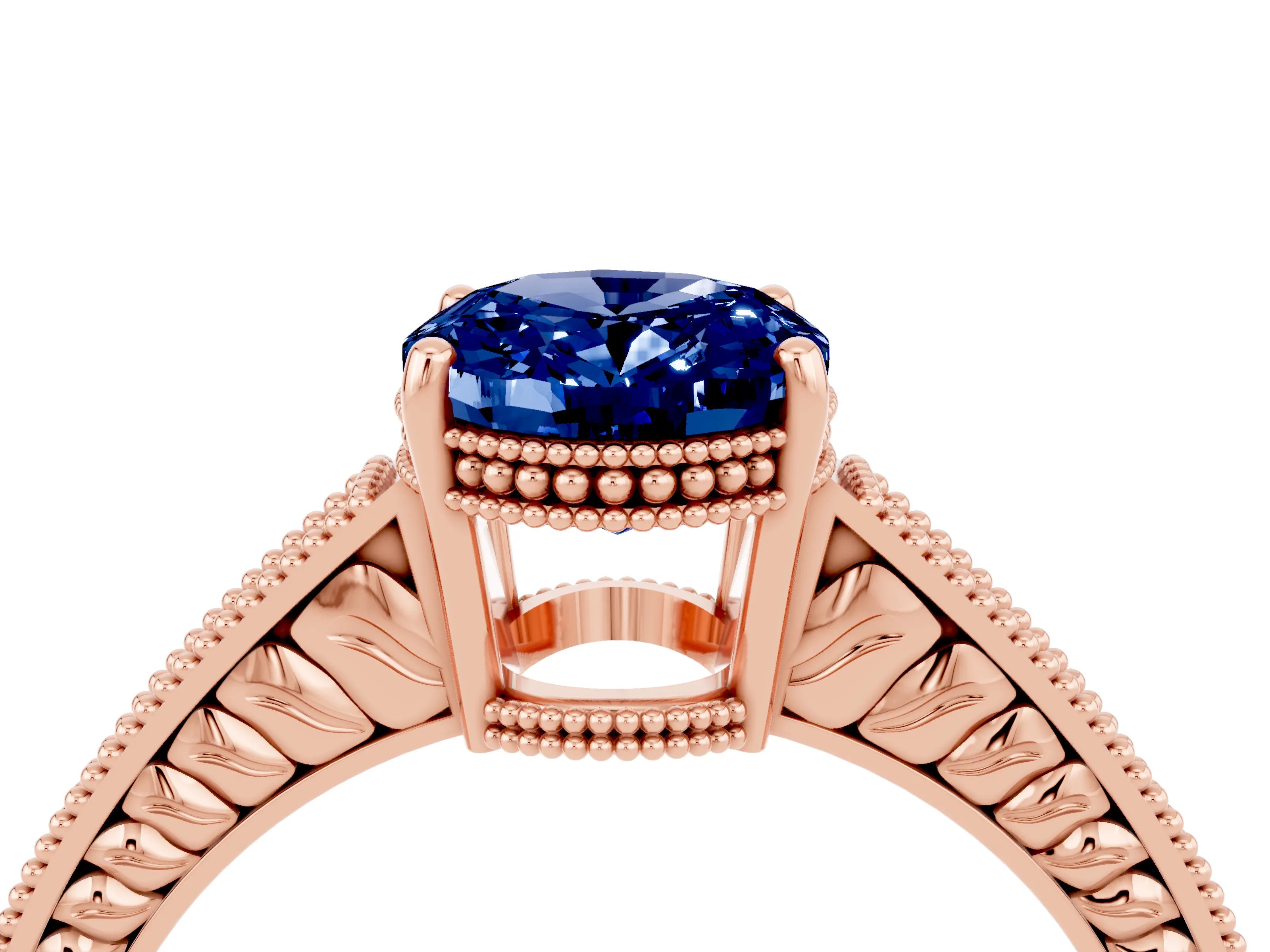 Rose gold Oval Cut Blue Sapphire Engagement Ring with Milgrain Channel Set Band and Prong Setting_4