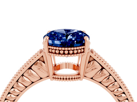Rose gold Oval Cut Blue Sapphire Engagement Ring with Milgrain Channel Set Band and Prong Setting_4