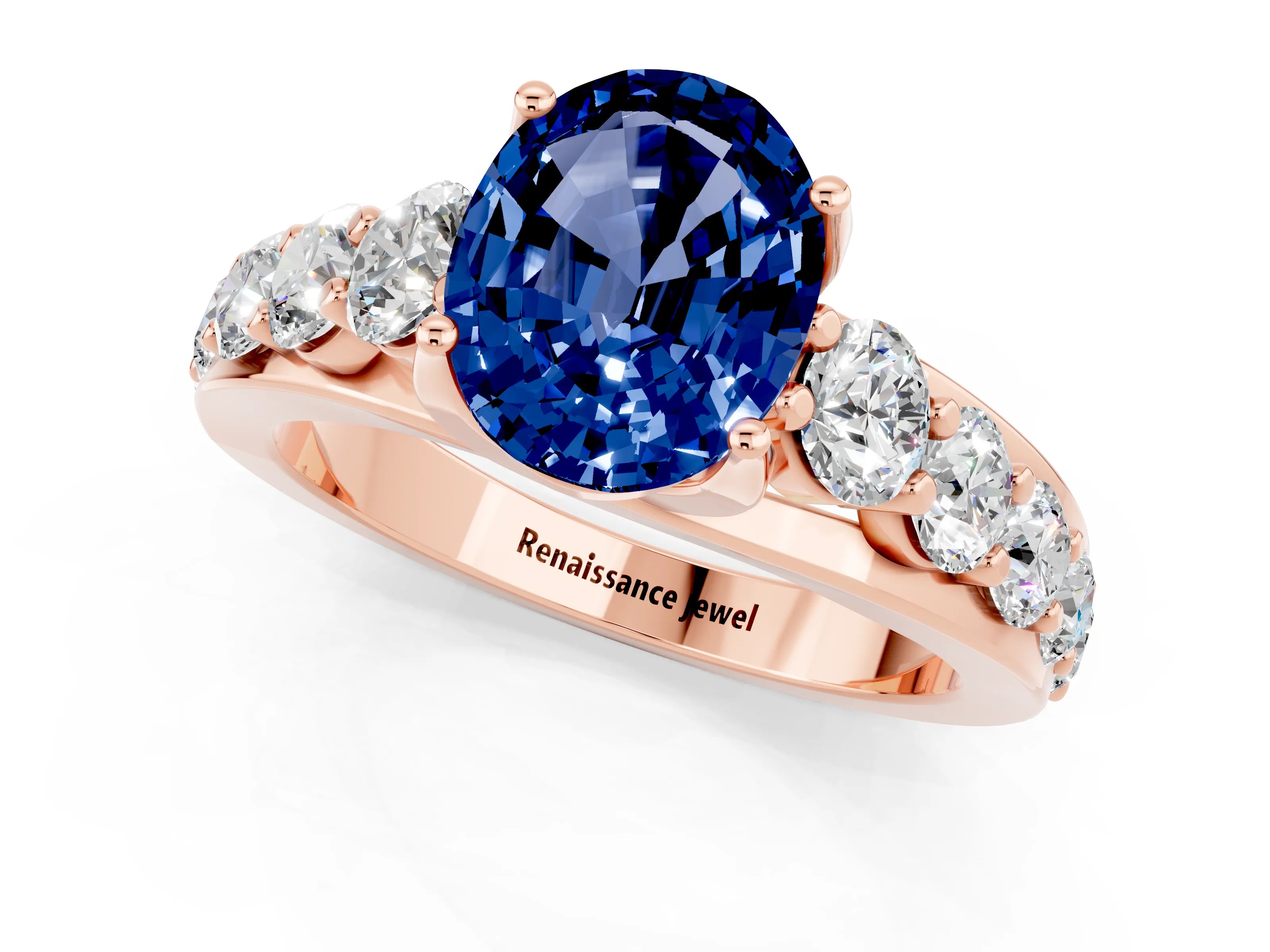 Rose gold Oval Cut Blue Sapphire Engagement Ring with Pavé Band and Four-Prong Setting_1