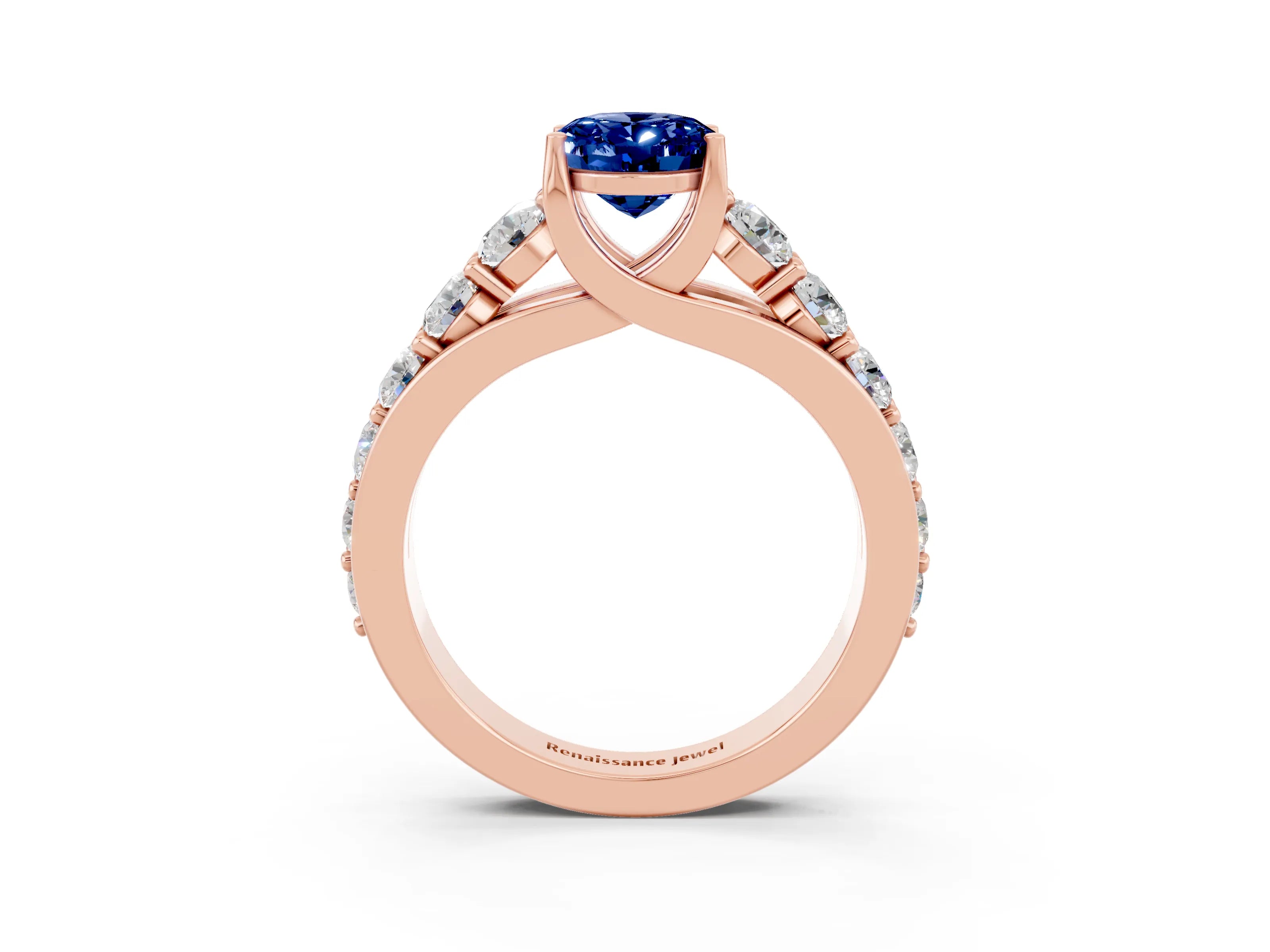 Rose gold Oval Cut Blue Sapphire Engagement Ring with Pavé Band and Four-Prong Setting_3