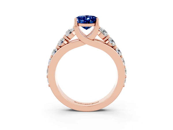 Rose gold Oval Cut Blue Sapphire Engagement Ring with Pavé Band and Four-Prong Setting