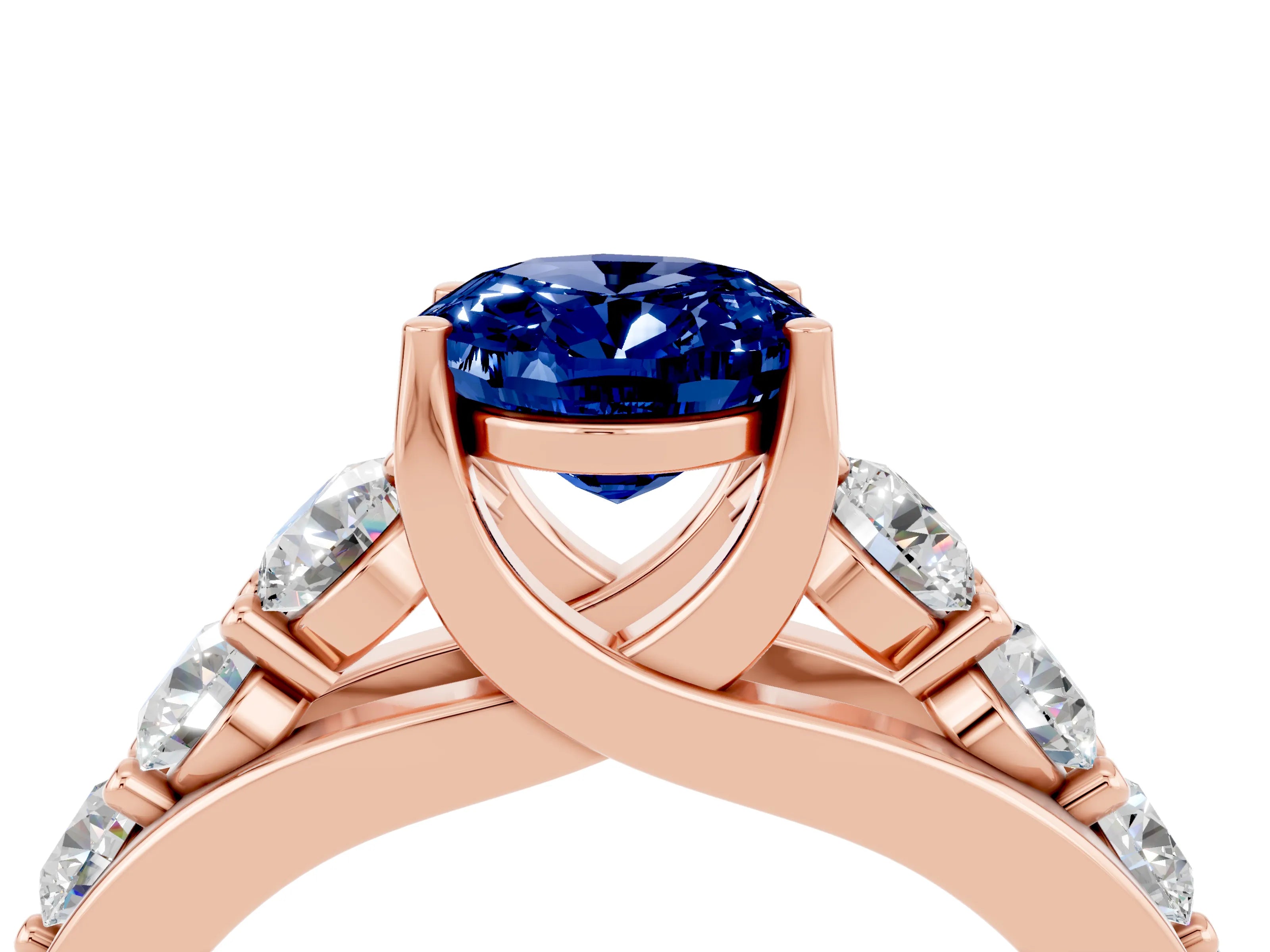 Rose gold Oval Cut Blue Sapphire Engagement Ring with Pavé Band and Four-Prong Setting_4