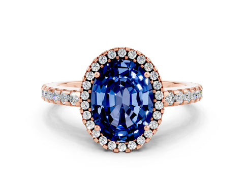 Rose gold Oval Cut Blue Sapphire Halo Engagement Ring with Pavé Band and Prong Setting_12