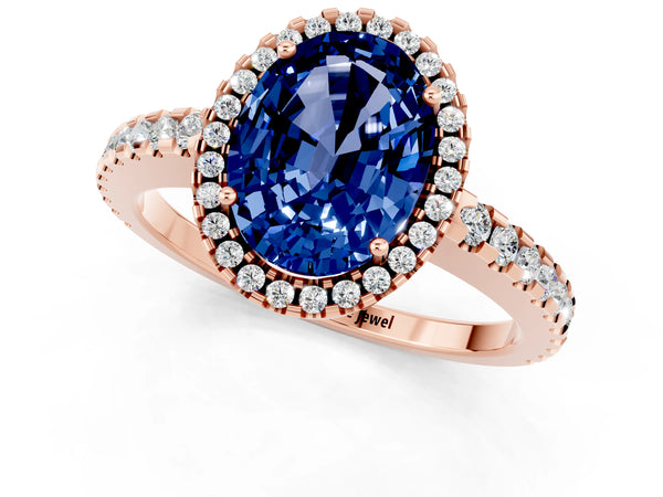 Rose gold Oval Cut Blue Sapphire Halo Engagement Ring with Pavé Band and Prong Setting