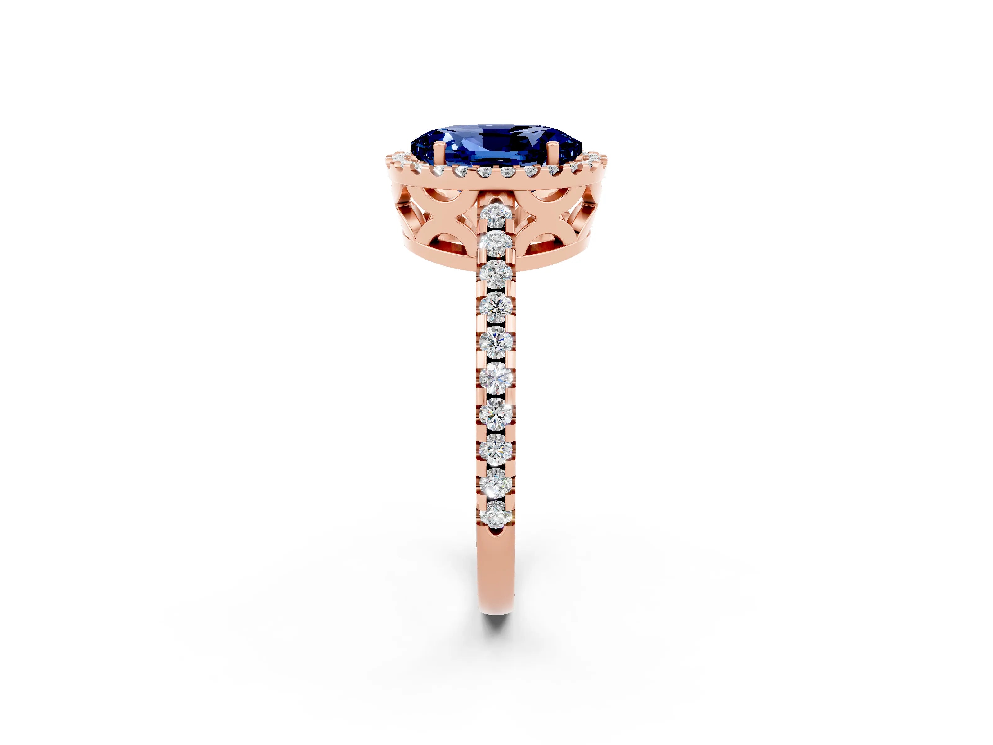 Rose gold Oval Cut Blue Sapphire Halo Engagement Ring with Pavé Band and Prong Setting_14