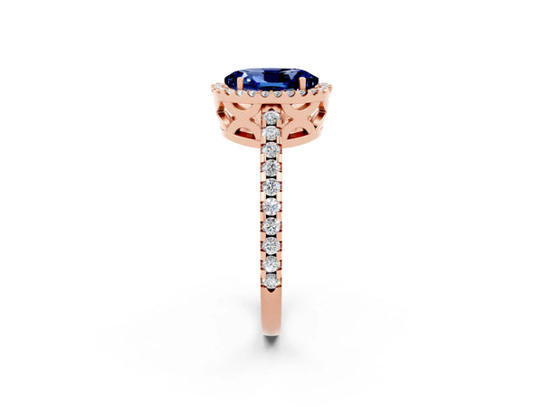 Rose gold Oval Cut Blue Sapphire Halo Engagement Ring with Pavé Band and Prong Setting