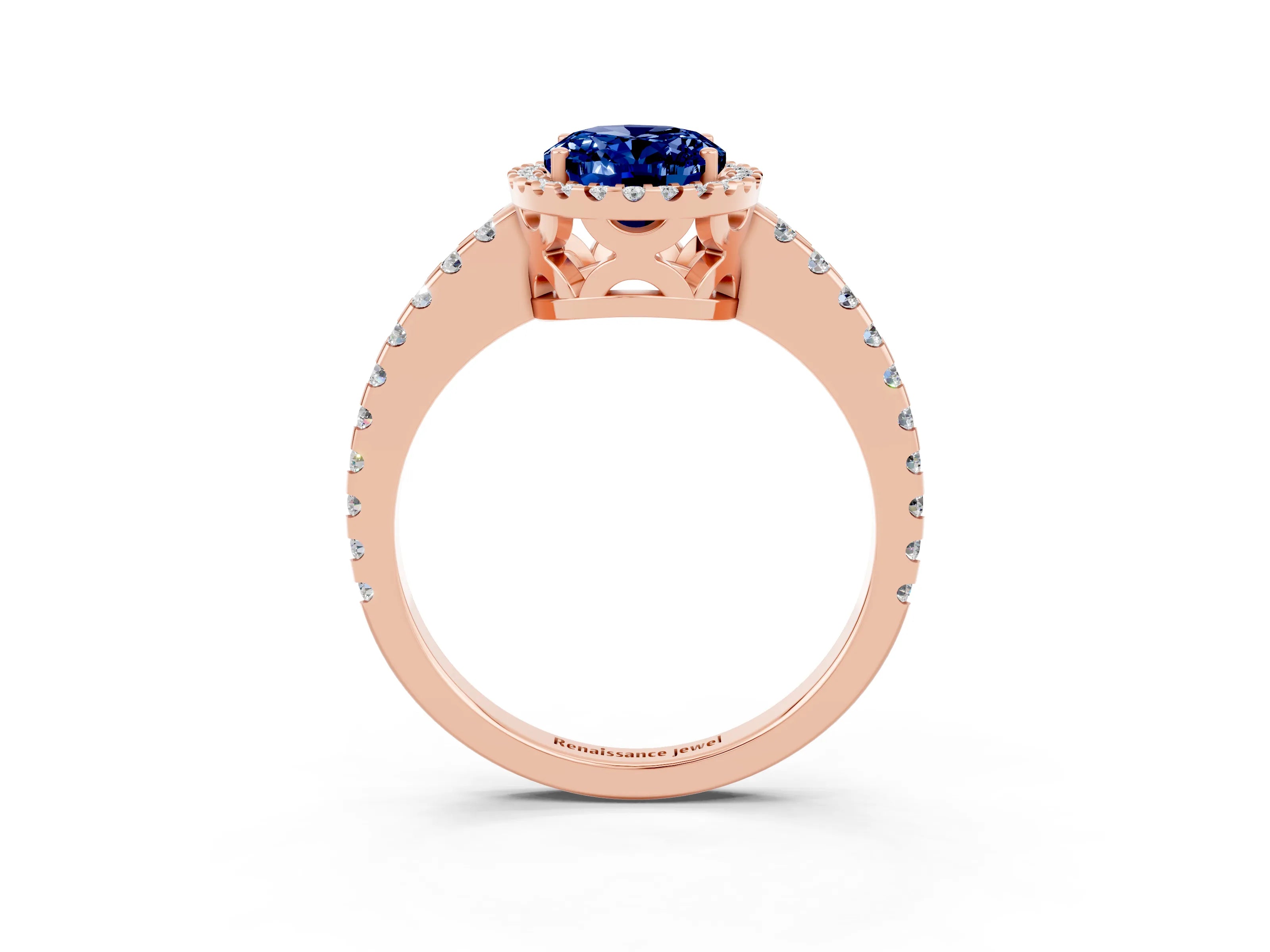 Rose gold Oval Cut Blue Sapphire Halo Engagement Ring with Pavé Band and Prong Setting_15