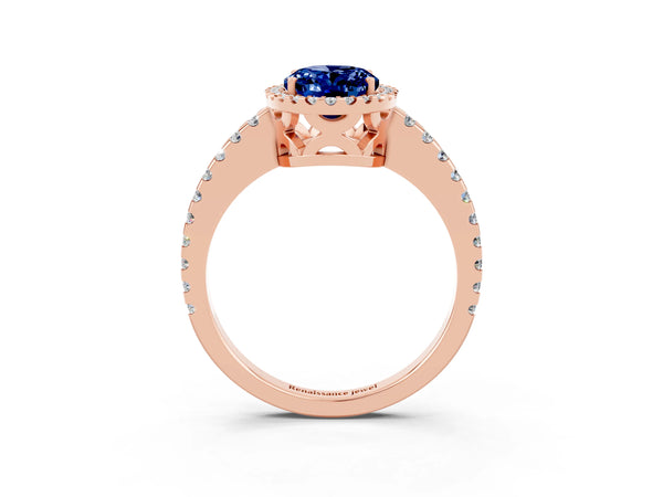 Rose gold Oval Cut Blue Sapphire Halo Engagement Ring with Pavé Band and Prong Setting