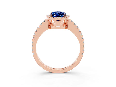 Rose gold Oval Cut Blue Sapphire Halo Engagement Ring with Pavé Band and Prong Setting_15