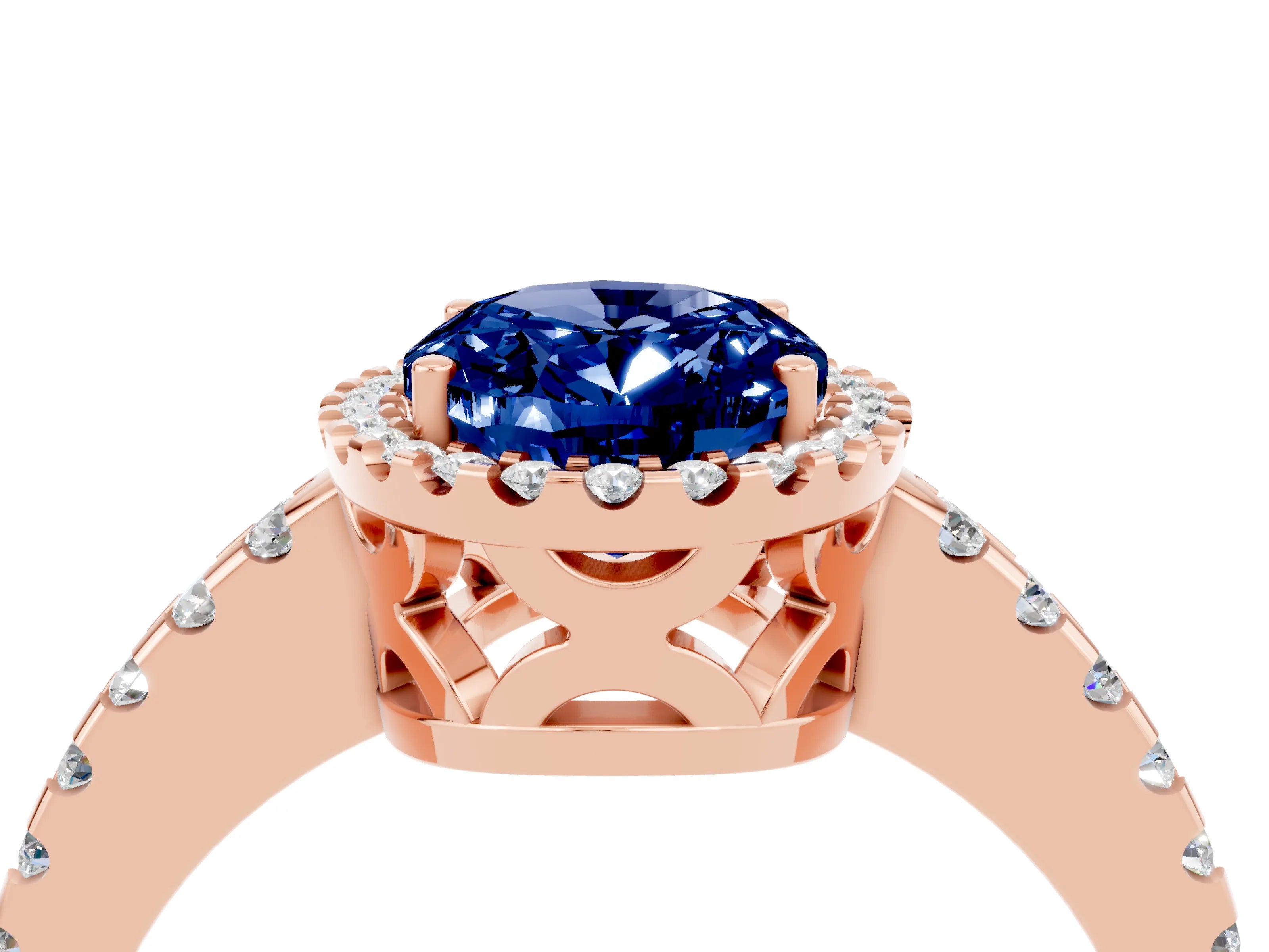 Rose gold Oval Cut Blue Sapphire Halo Engagement Ring with Pavé Band and Prong Setting_16