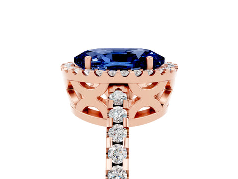 Rose gold Oval Cut Blue Sapphire Halo Engagement Ring with Pavé Band and Prong Setting_17