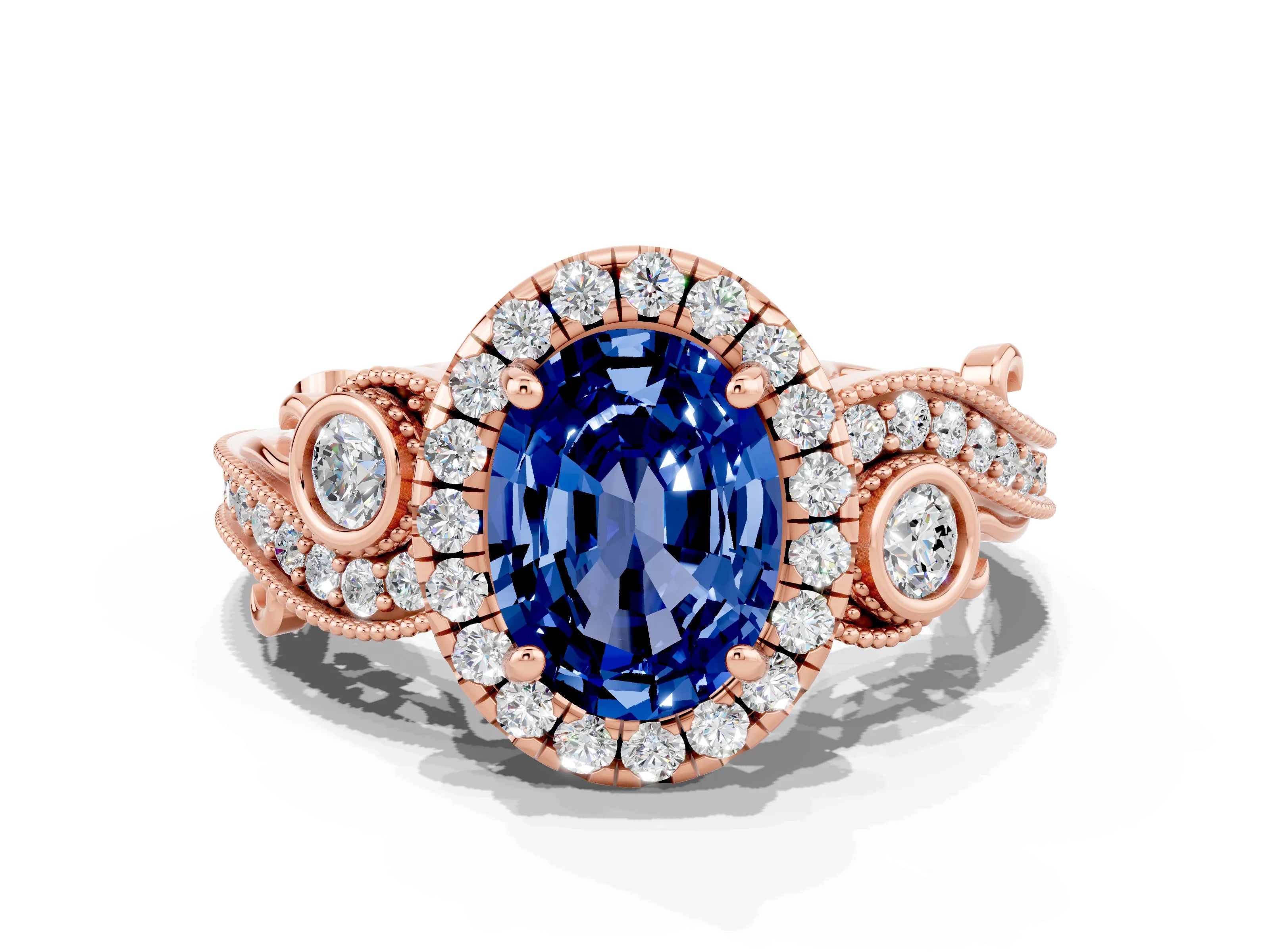Rose gold Oval Cut Blue Sapphire Halo Ring with Milgrain Pavé Band and Four-Prong Setting_12
