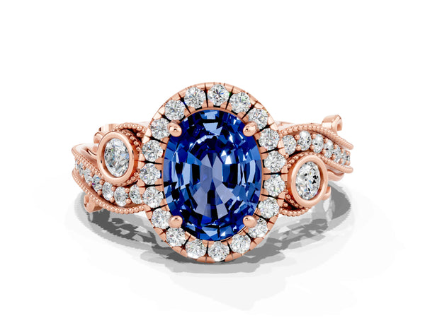 Rose gold Oval Cut Blue Sapphire Halo Ring with Milgrain Pavé Band and Four-Prong Setting