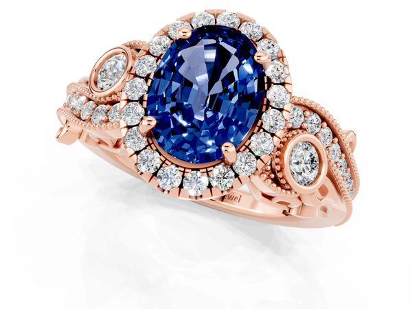 Rose gold Oval Cut Blue Sapphire Halo Ring with Milgrain Pavé Band and Four-Prong Setting