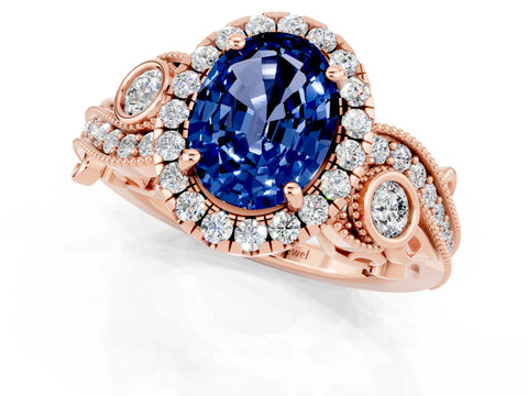 Rose gold Oval Cut Blue Sapphire Halo Ring with Milgrain Pavé Band and Four-Prong Setting_13