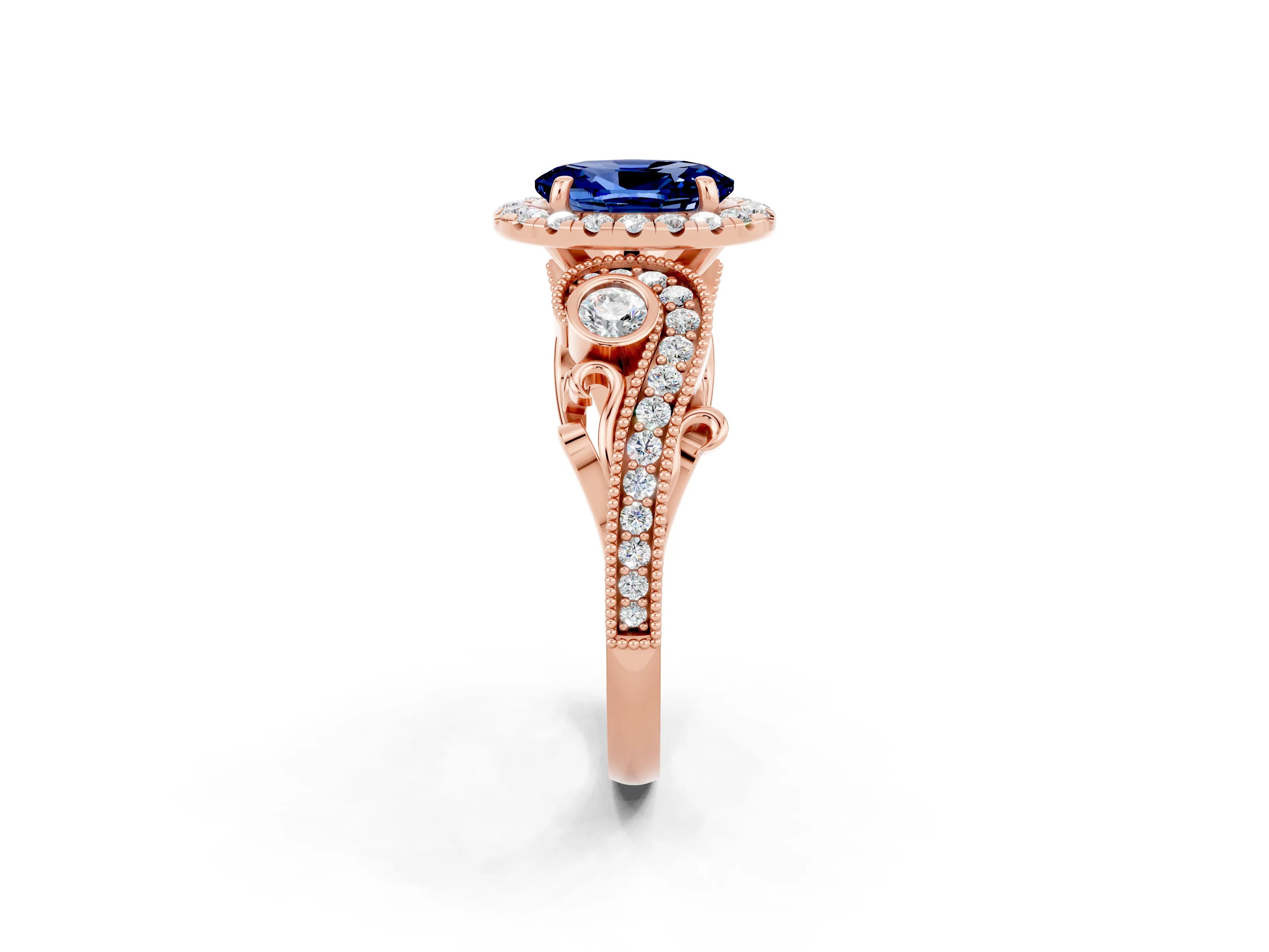 Rose gold Oval Cut Blue Sapphire Halo Ring with Milgrain Pavé Band and Four-Prong Setting_14