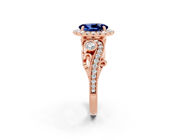 Rose gold Oval Cut Blue Sapphire Halo Ring with Milgrain Pavé Band and Four-Prong Setting