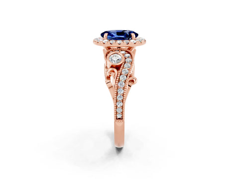 Rose gold Oval Cut Blue Sapphire Halo Ring with Milgrain Pavé Band and Four-Prong Setting_14