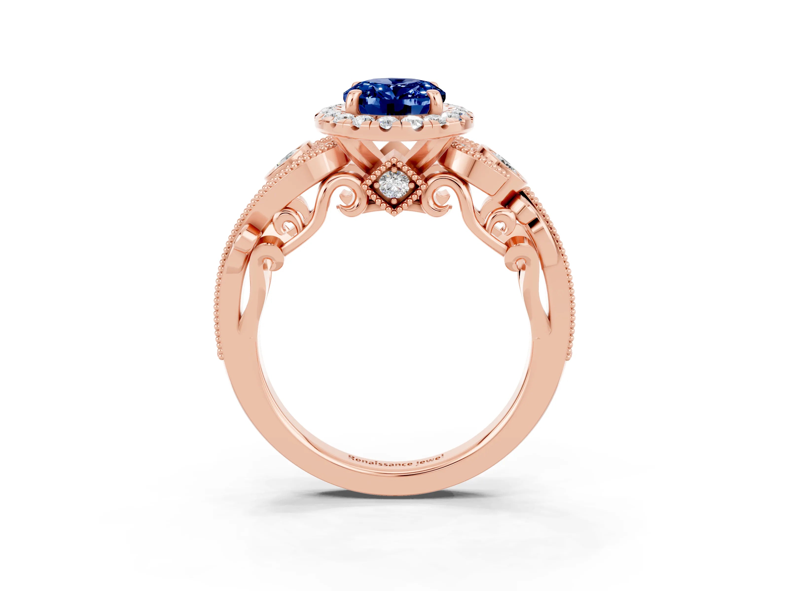 Rose gold Oval Cut Blue Sapphire Halo Ring with Milgrain Pavé Band and Four-Prong Setting_15