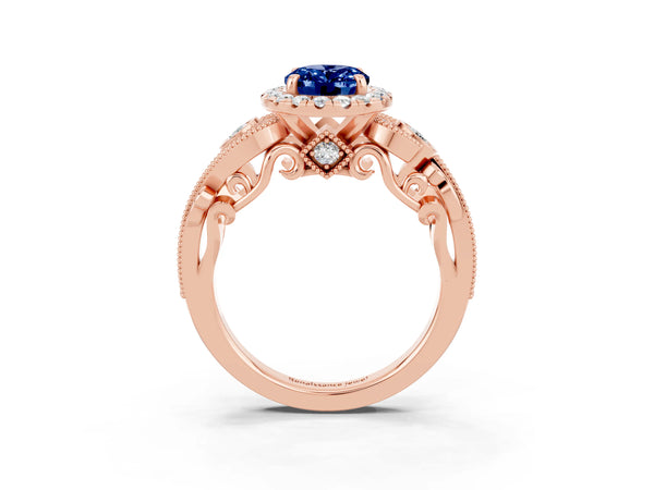 Rose gold Oval Cut Blue Sapphire Halo Ring with Milgrain Pavé Band and Four-Prong Setting