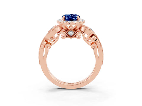 Rose gold Oval Cut Blue Sapphire Halo Ring with Milgrain Pavé Band and Four-Prong Setting_15