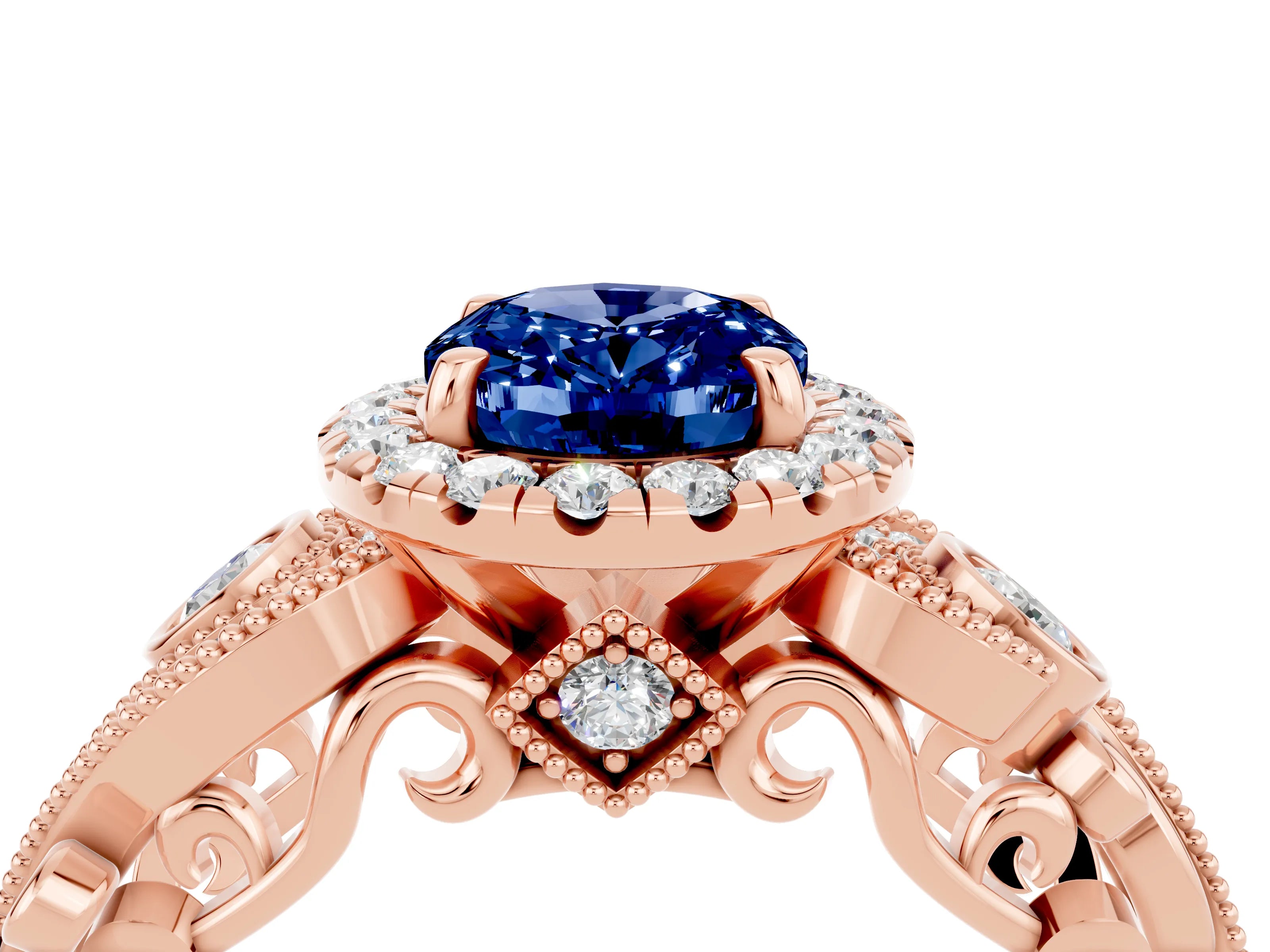 Rose gold Oval Cut Blue Sapphire Halo Ring with Milgrain Pavé Band and Four-Prong Setting_16