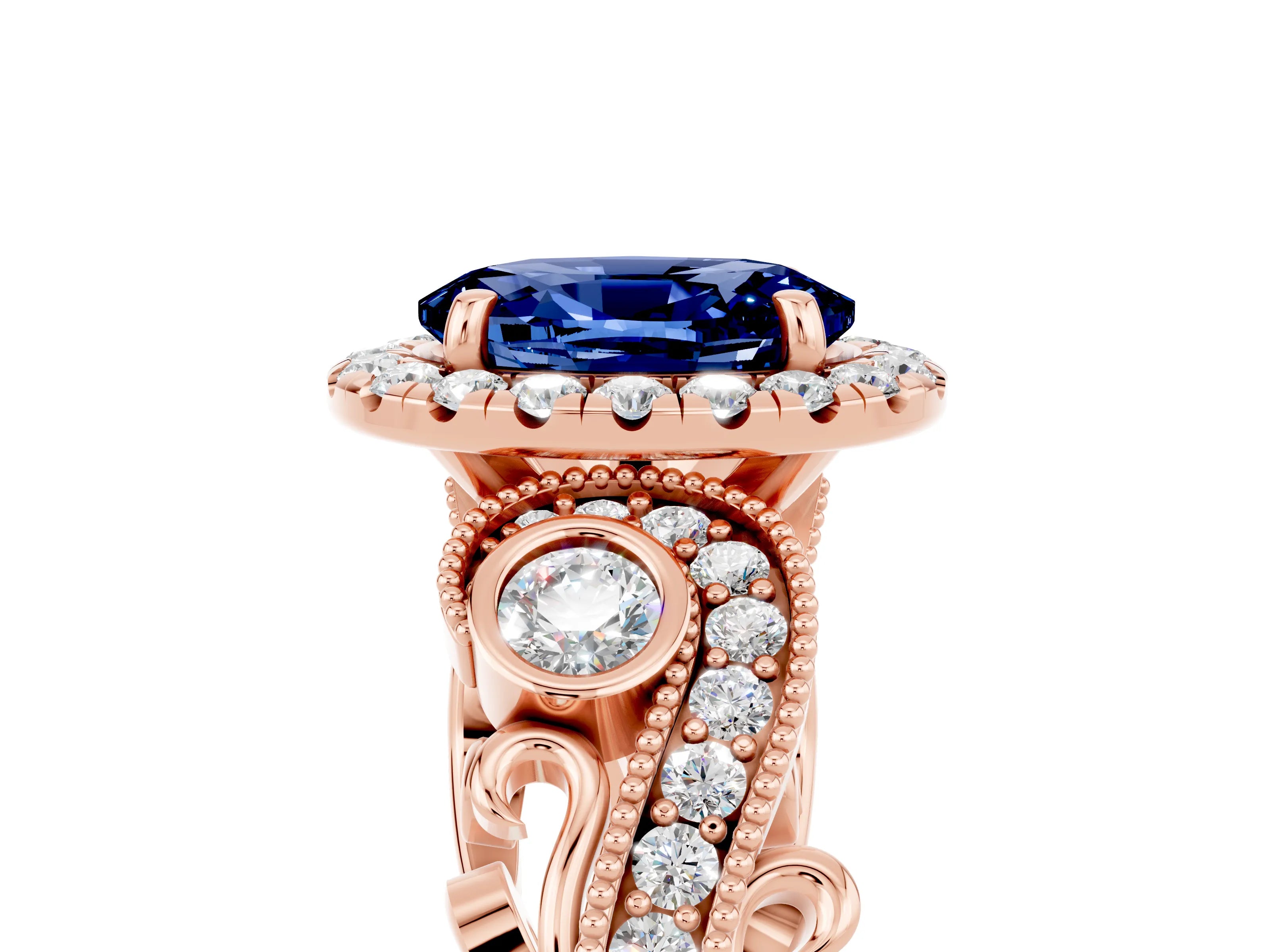 Rose gold Oval Cut Blue Sapphire Halo Ring with Milgrain Pavé Band and Four-Prong Setting_17
