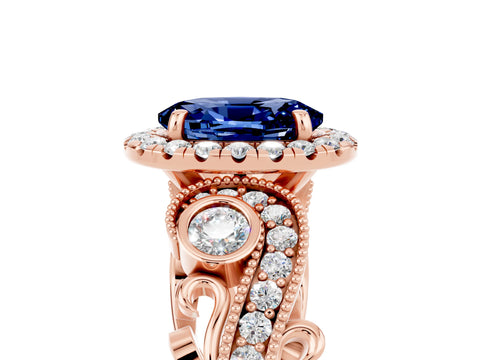 Rose gold Oval Cut Blue Sapphire Halo Ring with Milgrain Pavé Band and Four-Prong Setting_17