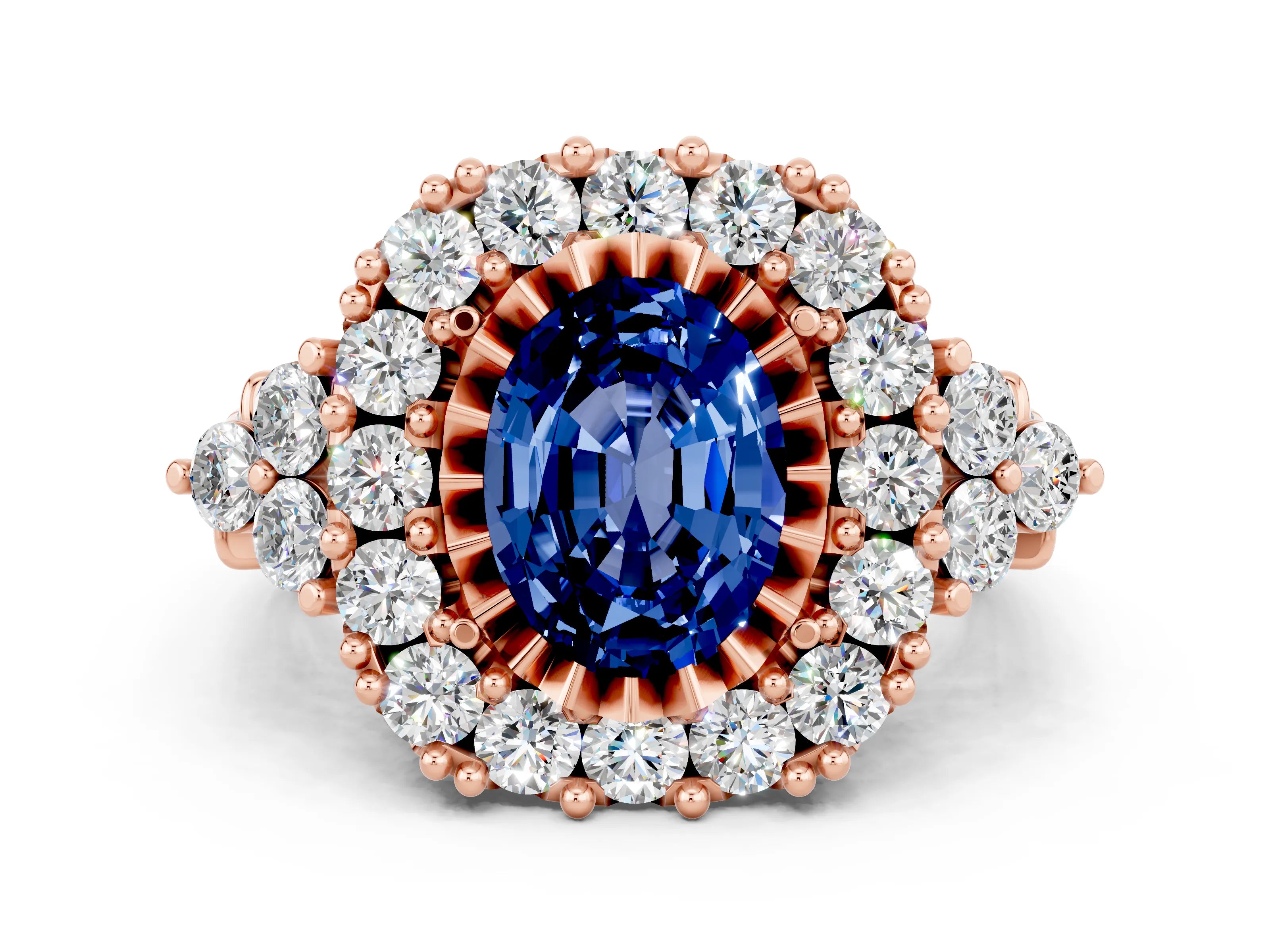Rose gold Oval Cut Blue Sapphire Halo Ring with Pavé Band and Four-Prong Setting_12