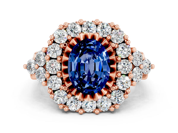 Rose gold Oval Cut Blue Sapphire Halo Ring with Pavé Band and Four-Prong Setting