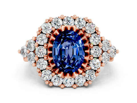 Rose gold Oval Cut Blue Sapphire Halo Ring with Pavé Band and Four-Prong Setting_12