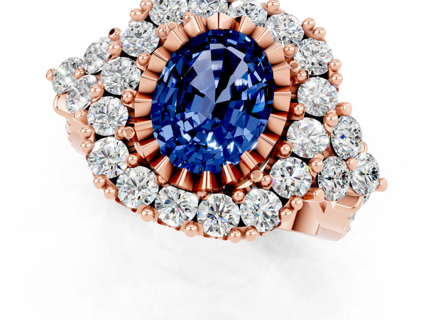 Rose gold Oval Cut Blue Sapphire Halo Ring with Pavé Band and Four-Prong Setting