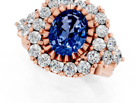 Rose gold Oval Cut Blue Sapphire Halo Ring with Pavé Band and Four-Prong Setting_13