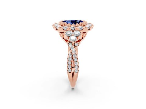 Rose gold Oval Cut Blue Sapphire Halo Ring with Pavé Band and Four-Prong Setting_14