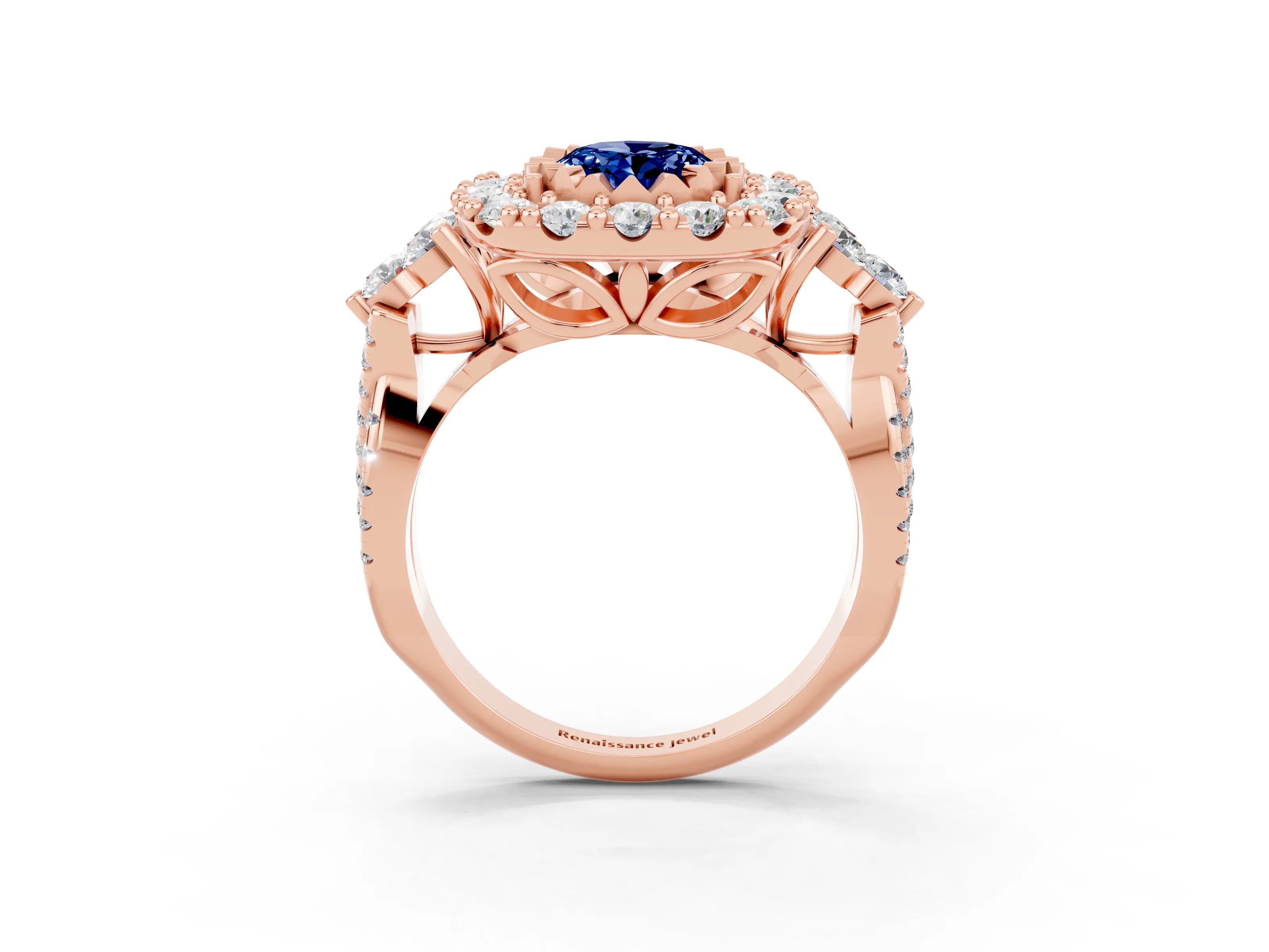 Rose gold Oval Cut Blue Sapphire Halo Ring with Pavé Band and Four-Prong Setting_15