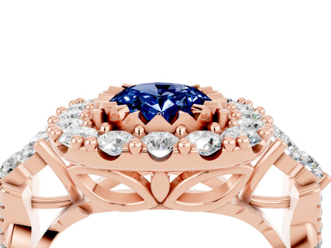 Rose gold Oval Cut Blue Sapphire Halo Ring with Pavé Band and Four-Prong Setting_16